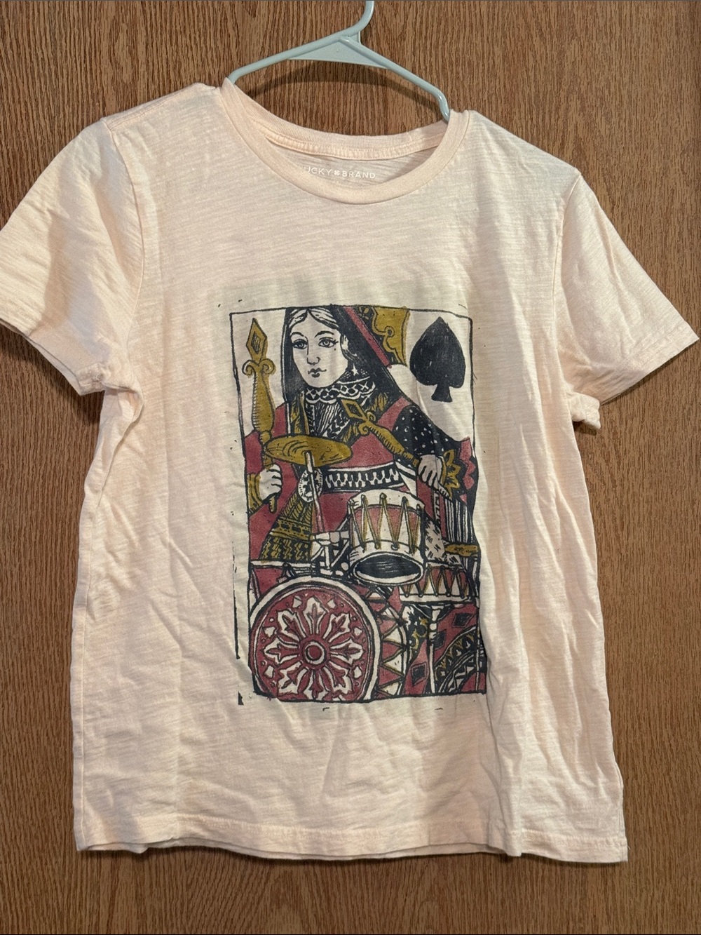 Lucky Brand Pale Pink Short Sleeve Tee with Queen Playing-Card Graphic